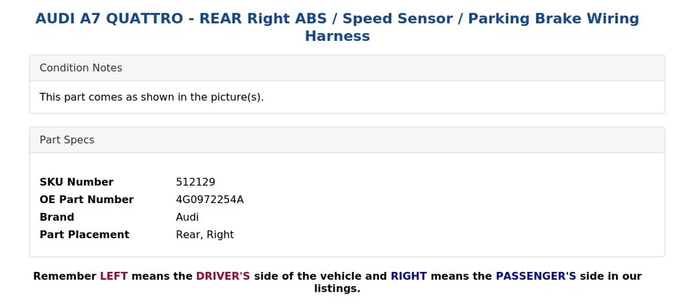 AUDI A7 QUATTRO - REAR Right ABS / Speed Sensor / Parking Brake Wiring Harness - Image 4 of 4