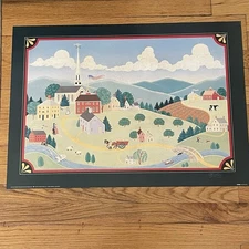Vintage Americana Ed Parker 1993 Art Print Poster 28x20” Village Farm Rustic