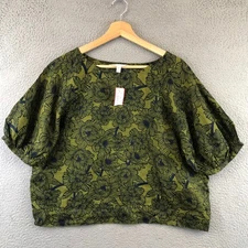 Garnet Hill Green Navy Floral Print Linen Blouse Top Shirt Womens Size L