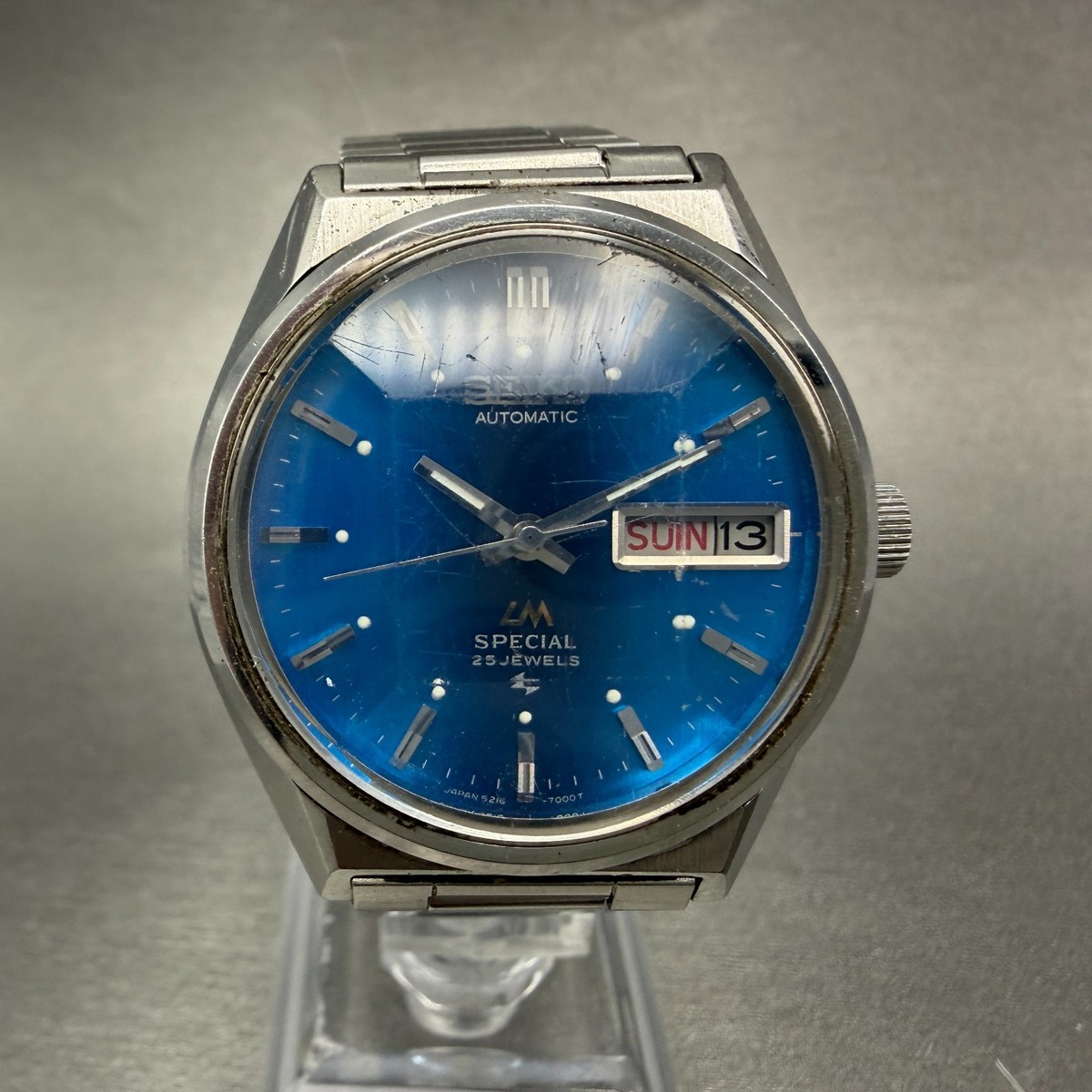 Seiko LM Special Watch Men 35mm Blue Dial Silver Tone Daydate 5216