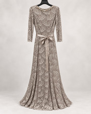 Tahari Arthur S Levine Sz 4 Taupe Lace Evening Gown Jeweled Neck Formal Dress