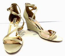 Badgley Mischka Carnation Strappy Wedge Heel Sandal Ankle Strap Ivory Satin 9.5