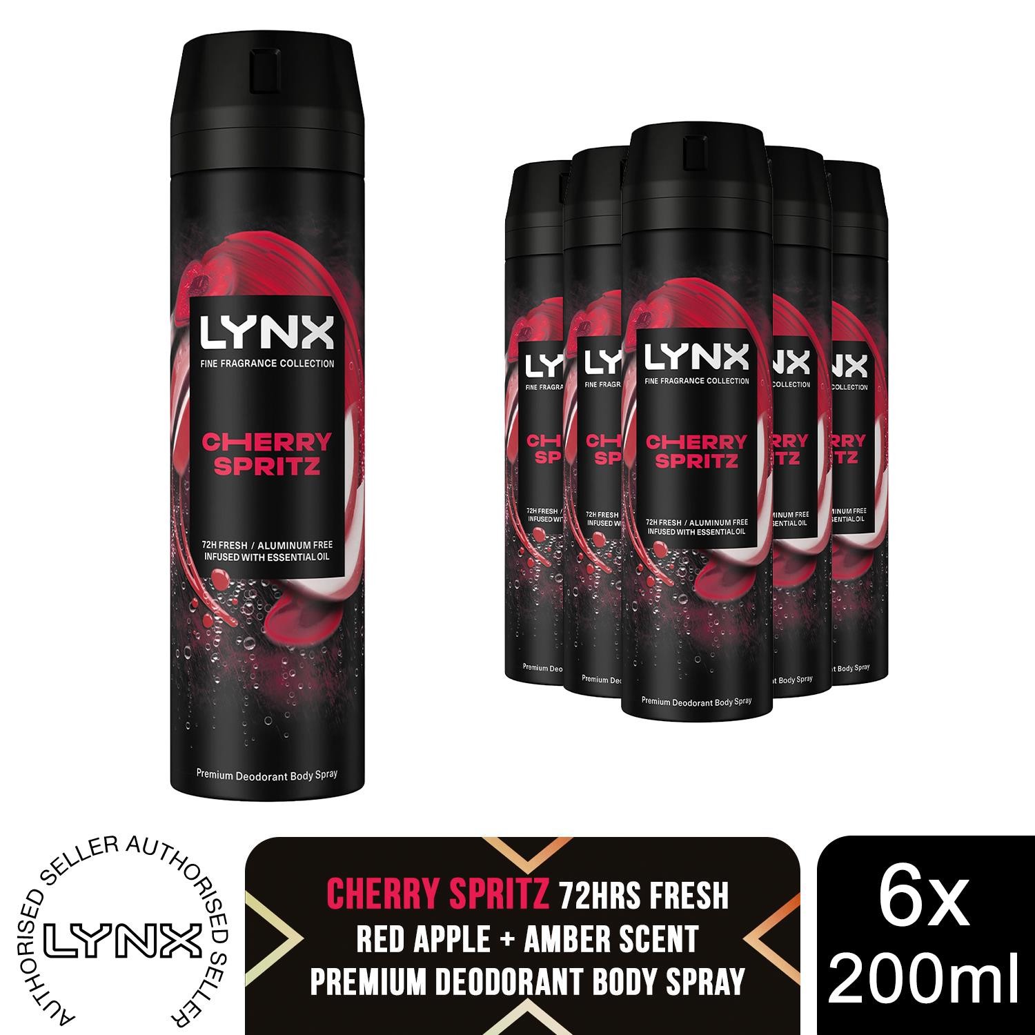 Lynx Cherry Spritz Body Spray 200ml 6 Pack Mens Deodorant 72H Freshness