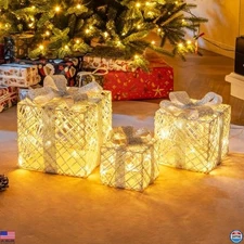 Tangkula Set of 3 Pre-Lit Holiday Gift Boxes with 50 LED Lights & Removable Bows
