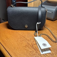 TORY BURCH EMERSON Top Handle Leather Crossbody Bag Logo Chain Strap Black