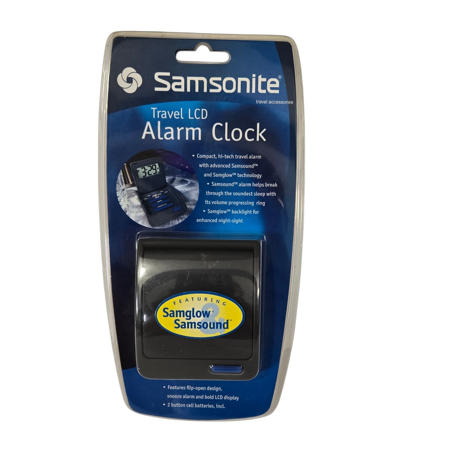 NEW In Sealed Package Samsonite Travel Alarm Clock, Flip Open, Battery Operated