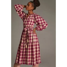 Anthropologie Mille V-Neck Plaid Dress in Raspberry V Neck, Tiered Size XS j2