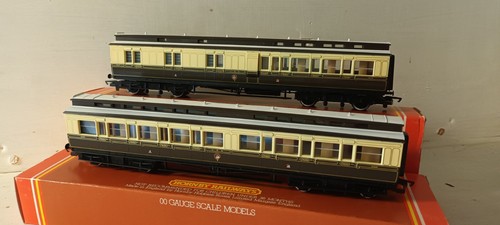 Calibre OO VN COMO NUEVO 2x Hornby R435 R436 GWR Clerestory Coach Marrón Crema MUY BONITO