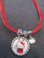 Red Ribbon Bottle Cap Bling Charm Necklace Sparkle Beads HELLO KITTY Cat Meow 