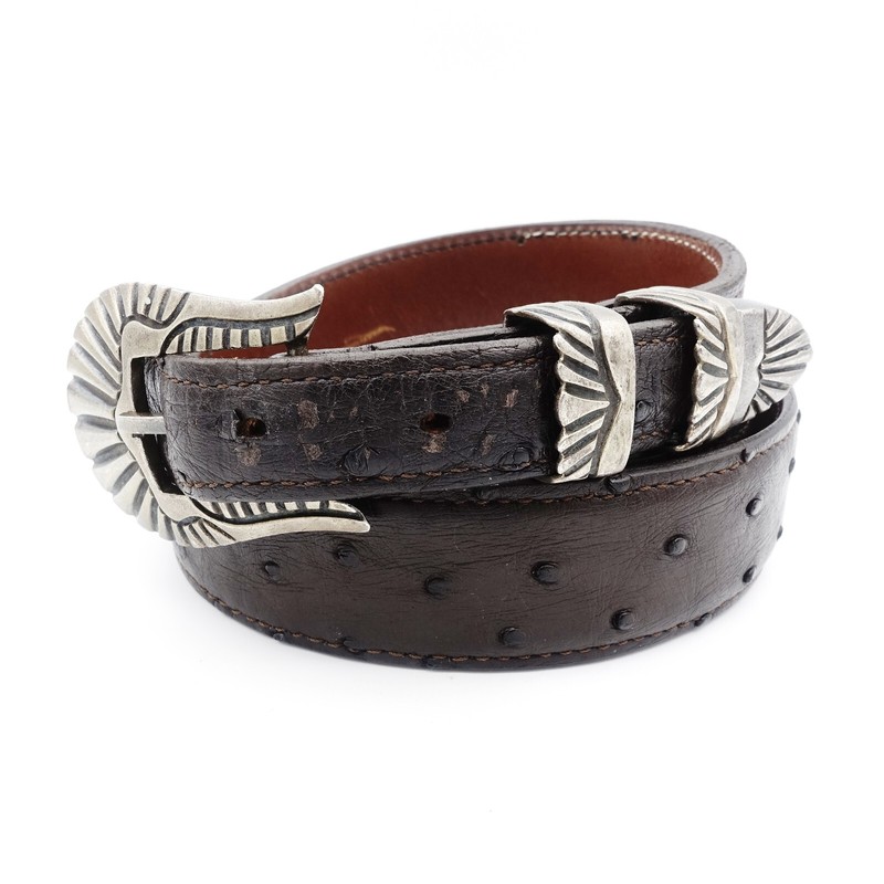 Chacon Sterling Silver Ranger Buckle Set 1.25" Tapered Brown Ostrich Strap Sz 45