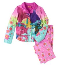 Girls Pink Flannel Trolls Movie Pajamas Poppy  Branch Button Front Sleep Set