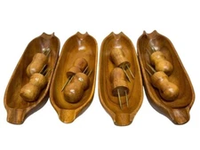 Vintage Mid-Century Wood Corn on the Cob Holder, Set of 4