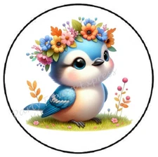 BLUE BIRD WITH FLOWER CROWN ENVELOPE SEALS LABELS STICKERS PARTY FAVORS