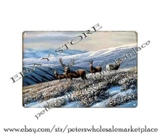 Vintage reproduction wildlife painting deers mountain metal tin sign wall decor
