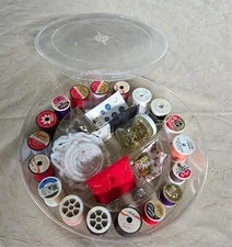 Vintage Clear Plastic Round Sewing Box Caddy With Thread & Notions