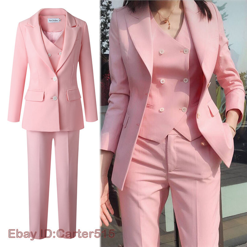 3PCS Women Pink OL Office Suit Set Two Button British Style Suit