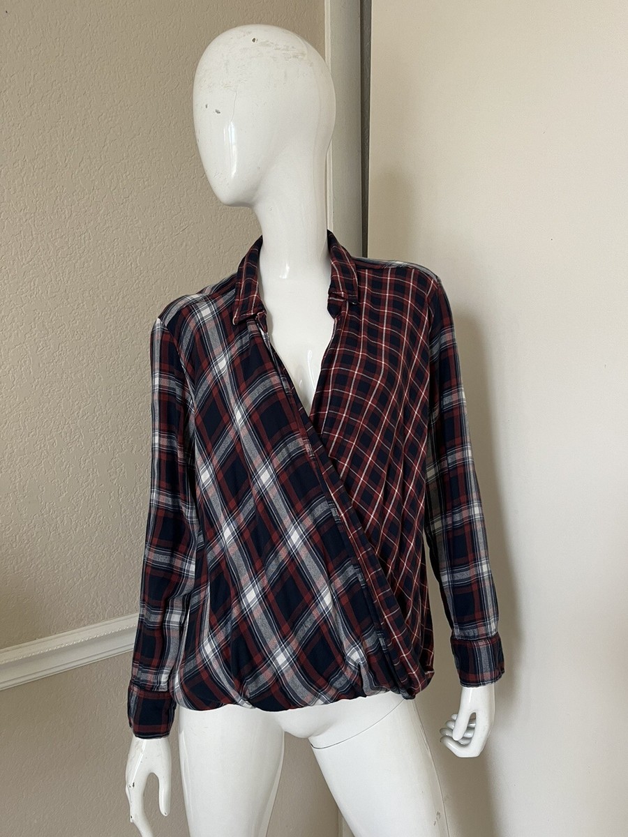 ABERCROMBIE FITCH NEW! Navy Blue/Burgundy Plaid Faux Wrap Draped