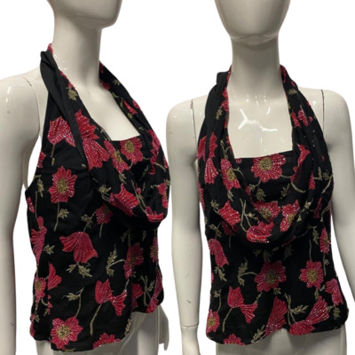 Vintage 90er 50er Stil schwarz rosa Blumen Pailletten Top L/XL 14-16 Neckholder