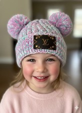 Up Cycled LOUIS VUITTON LV Girls Pink  Green Knit Beanie With Pom Poms EUC