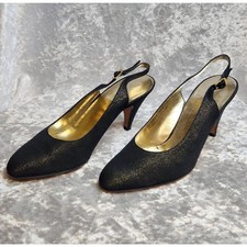 Vintage Salvatore Ferragamo Womens Black Gold Satin Slingback Heels-Size 7B
