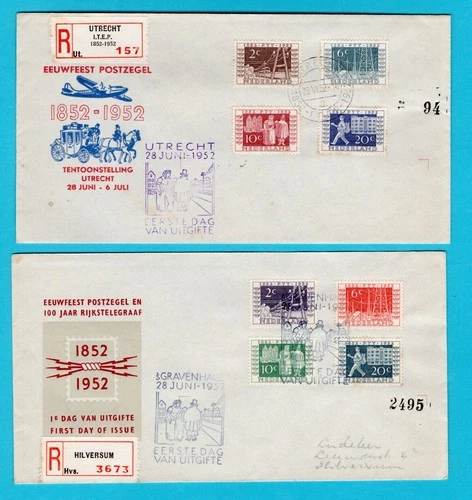 NETHERLANDS 2 R FDC's stamp centenary + ITEP 1952 Utrecht, Hilversum