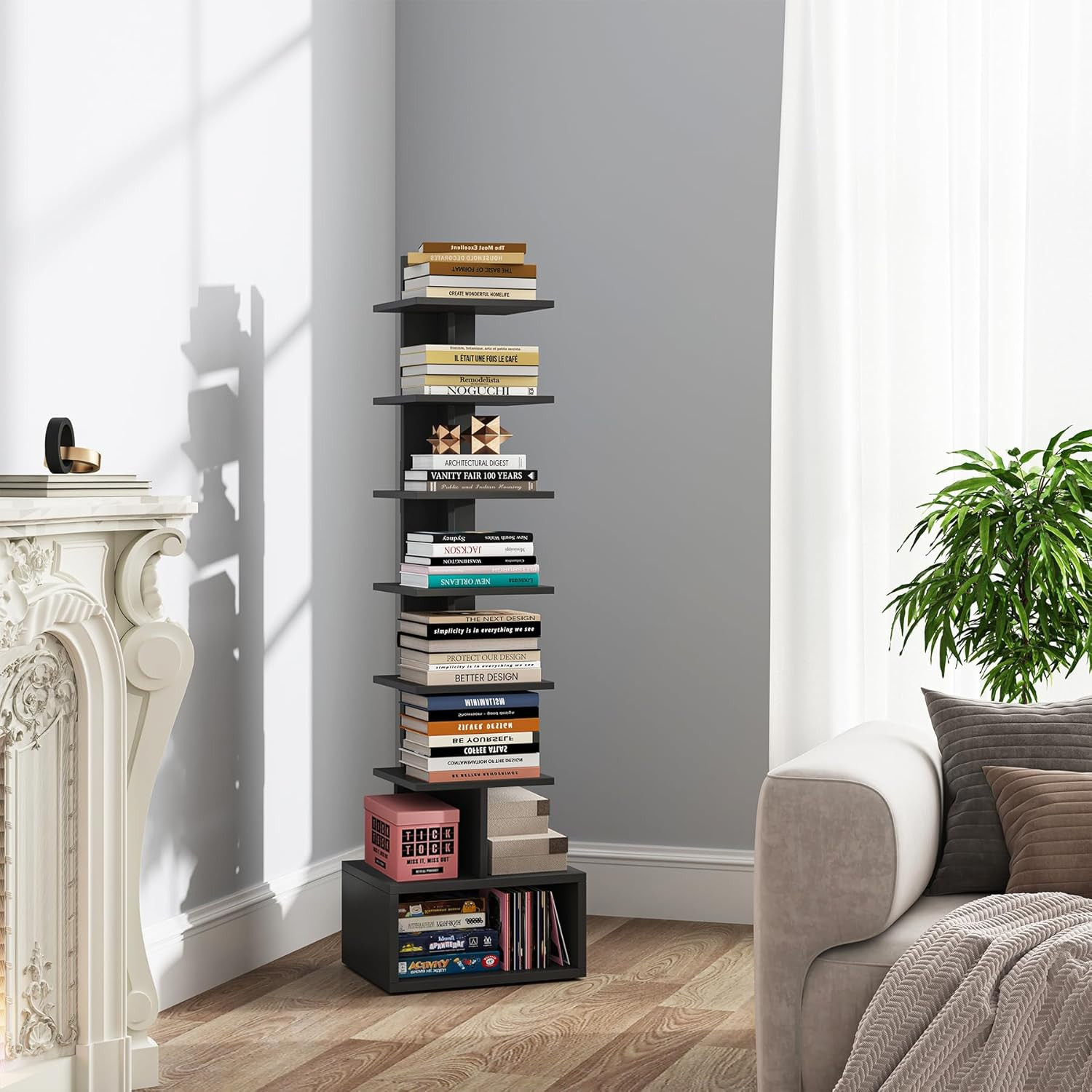 Narrow 8-Tier Vertical Bookshelf Small Space Spine Bookcase Stand for Living Roo