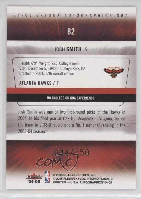 2004-05 Skybox Autographics Insignia /150 Josh Smith #82 Rookie RC - Image 2 of 2