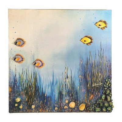 Mixed Media Painting On Canvas Underwater Sea Life Fish Dimensional Signed 