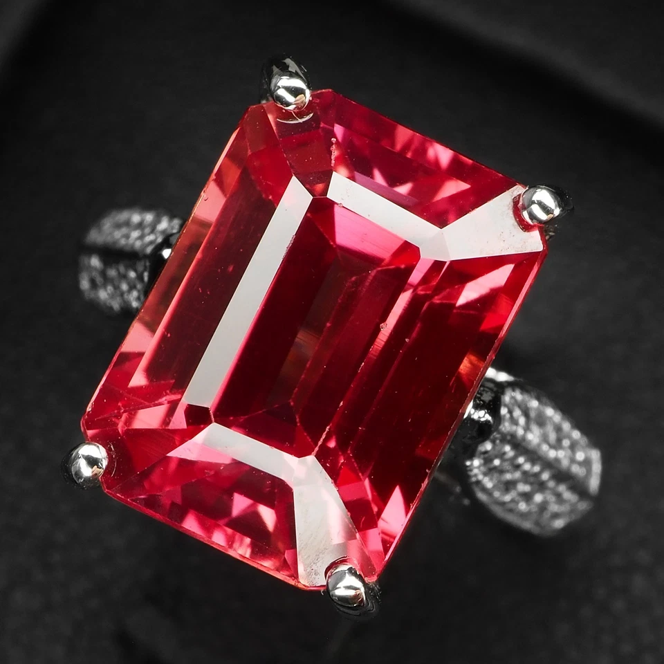 Anelli fatti a mano in argento sterling 925 elegante baguette zaffiro rosa... - Immagine 2 di 4