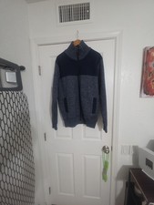 Men's Modern Navy Blue  Grey Marl Full-Zip Mock Neck Cardigan Sweater