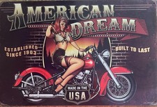 MOTORCYCLE METAL TIN SIGN SEXY PIN UP ON CHOPPER AMERICAN DREAM MADE IN USA ART