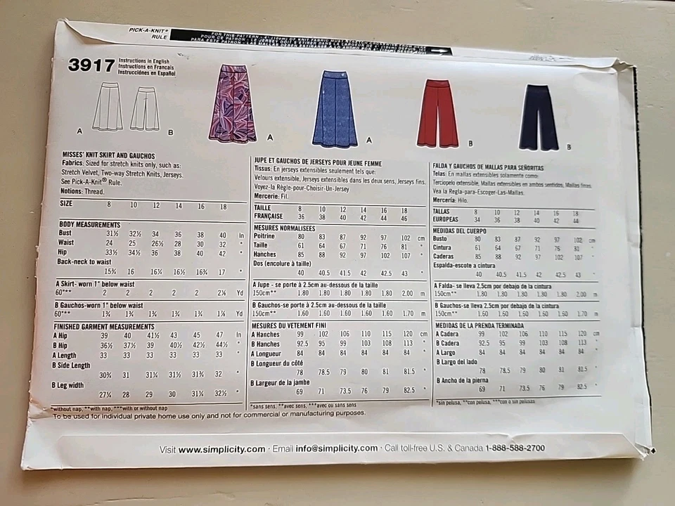 Simplicity Its So Easy Pattern 3917 Gaucho Pants And Knit Skirts Size 8-18 - Image 2 of 2