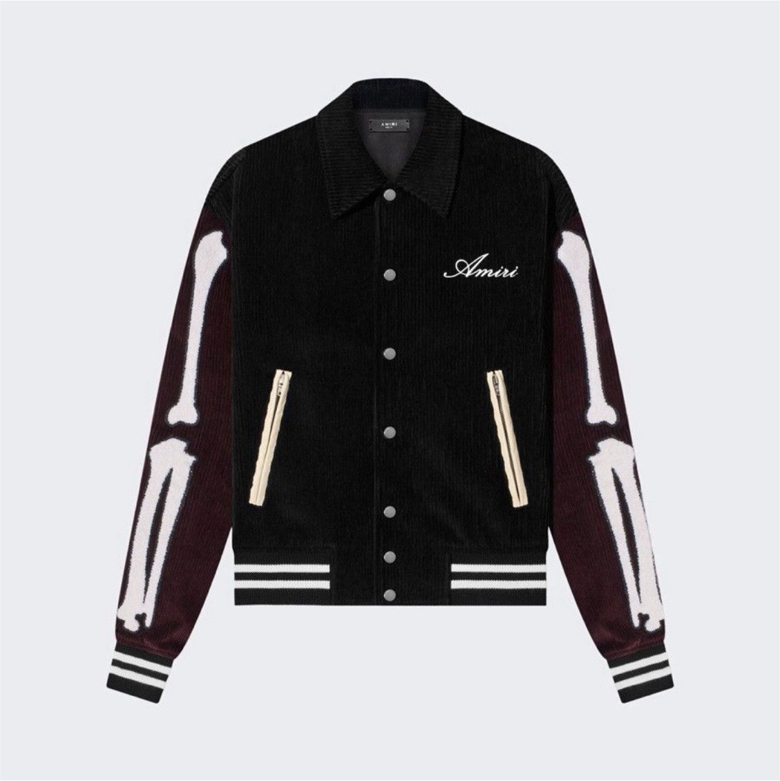 AMIRI Skeleton Bone Varsity Jacket Black Burgundy Embroidered Logo