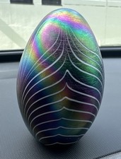 Glass Blue Iridescent Pulled Feather 4 1/2" Paperweight Egg Shaped