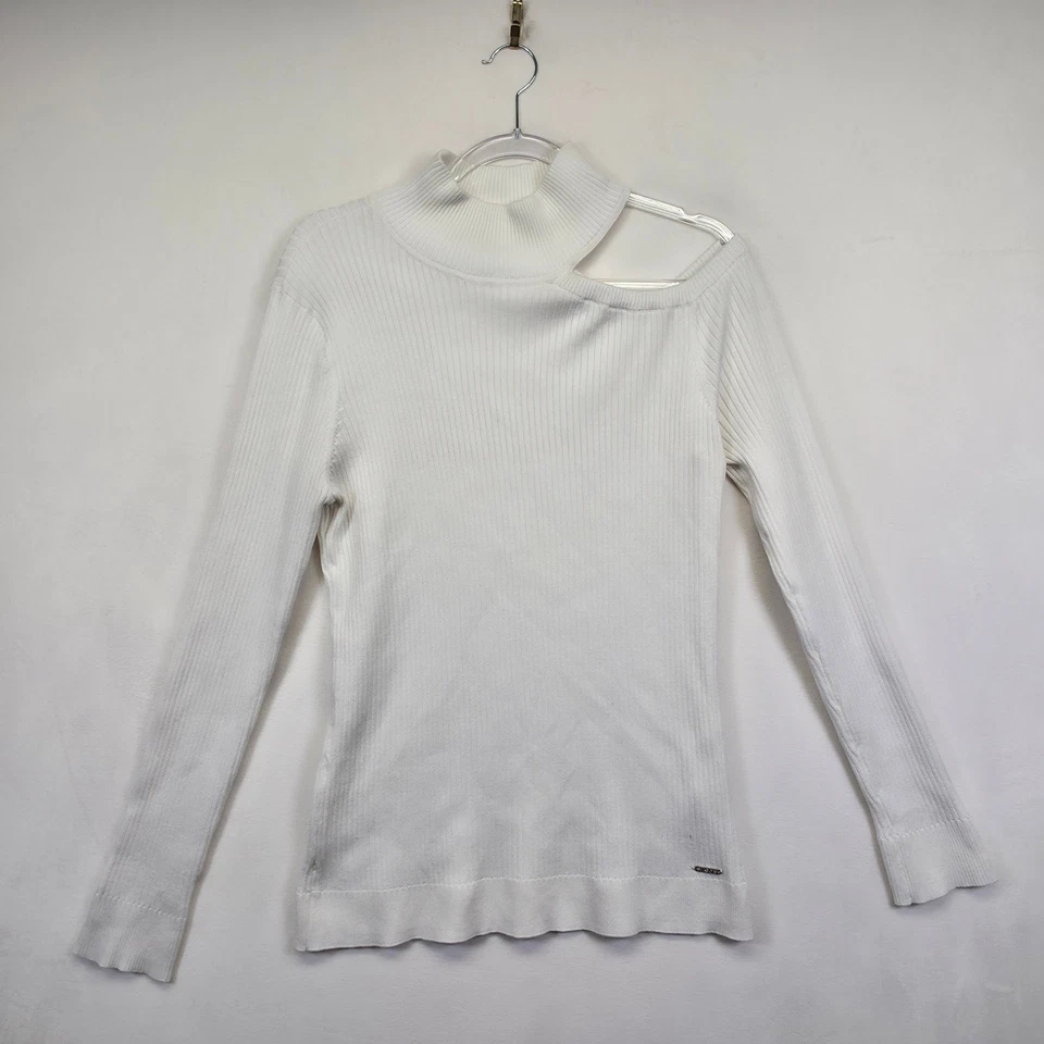 DKNY 毛衣上衣女式 XL 白色镂空肩罗纹针织极简主义现代 — 第 2/4 张图片