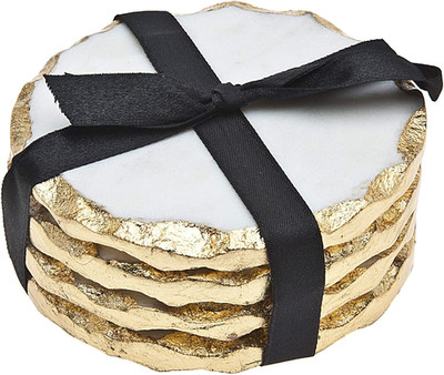 round Coasters Gold Edge, Marble Coaster Set, Table Protection, Set of 4