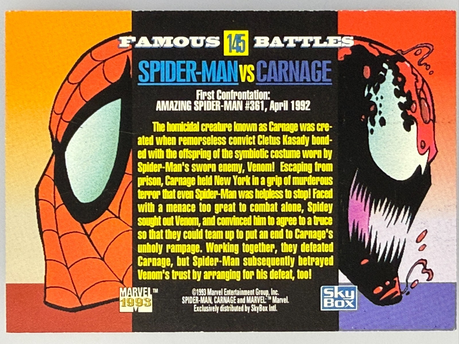 Spider-Man vs Carnage #145 Marvel 1993 Universe trading card — raw and PSA graded price guide