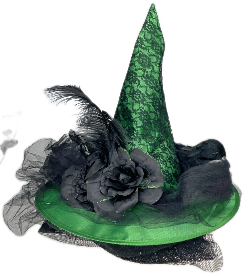 Adult Witch Hat Green Black Bird Raven Crow Feathers Flowers - Image 4 of 4