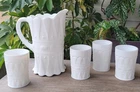 Vintage Kemple - Beaded Lace & Dewdrop -White Milk Glass Pitcher + cups set