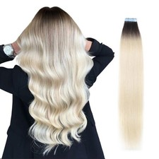 REDMENCO Tape in Hair Extensions Human Hair Ombre Dark Brown Roots to Platinum