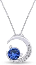 Crescent Moon Pendant Necklace Round Cut Simulated Sapphire 925 Sterling Silver