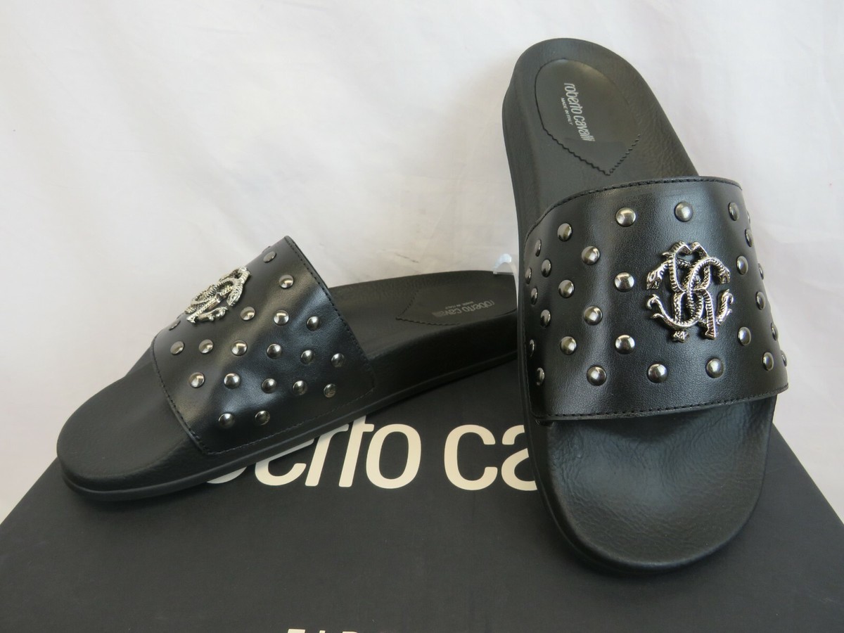 ROBERTO CAVALLI BLACK LEATHER SNAKE MEDALLION LOGO STUDS  display picture 2