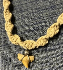 Mackerel Shark OTODUS Fossilized Shark Tooth Necklace Braided Beige NEW
