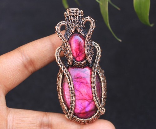Ciondolo filo rame labradorite fuoco rosa gioielli regalo nascita N8 - Foto 4 di 10