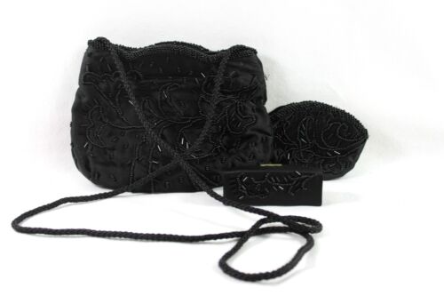 Beaded Black Evening Bag with Coin Purse Lipstick Holder - Picture 1 of 10