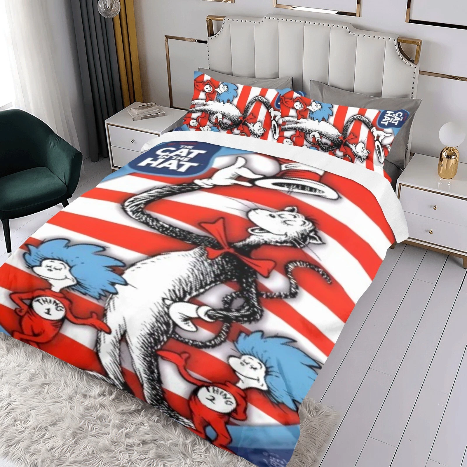 3-Piece Cat in Stovepipe Hat Bedding Set All Season Kids Bed Cover Set