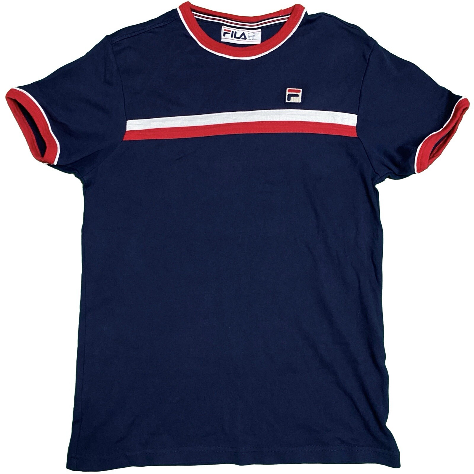 T shirt vintage FILA Ringer uomo XS girocollo ricamato logo toppa blu navy