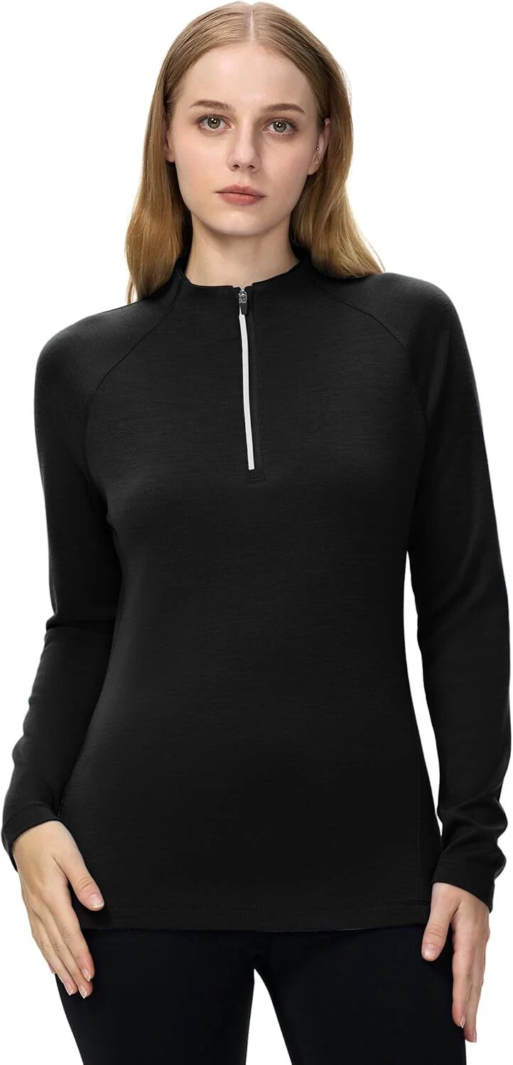 Women's 100% Merino Wool Shirt Thermal 260G Midweight Winter Zip Long Sleeve Top