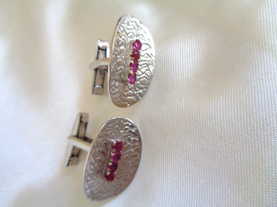 GEMELOS RUBÍ NATURAL ORO MACIZO 18K VINTAGE 13 GRAMOS 1980 ORO BLANCO HECHOS A MANO Foto 2 de 4