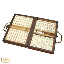 Portable Vintage Mahjong Box Rare 144 Tiles Chinese Mah-Jong Set+ Leather Box